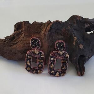 Handcrafted Seed Beaded Earrings Black Brown And Gold Geometric Boho Drop Dangle